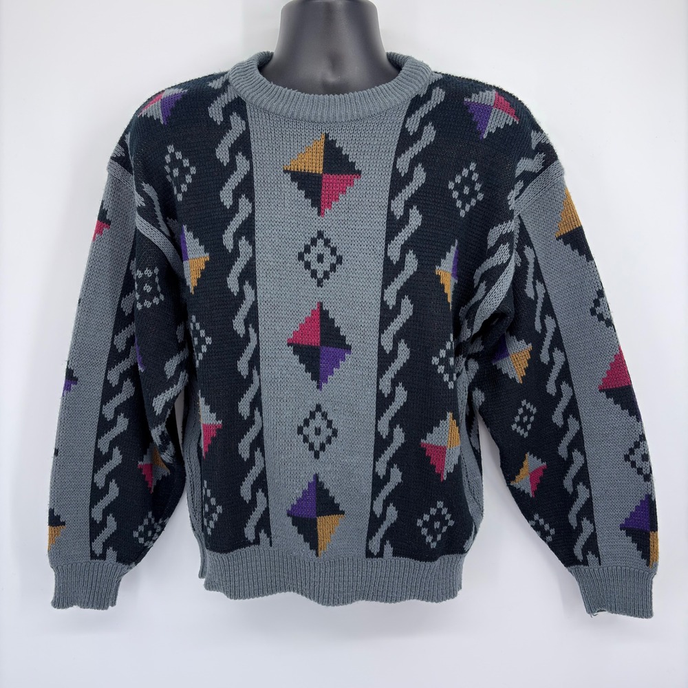Vintage 80s 90s Cross & Windsor Geometric Sweater Men S Aztec Pattern Knit Retro